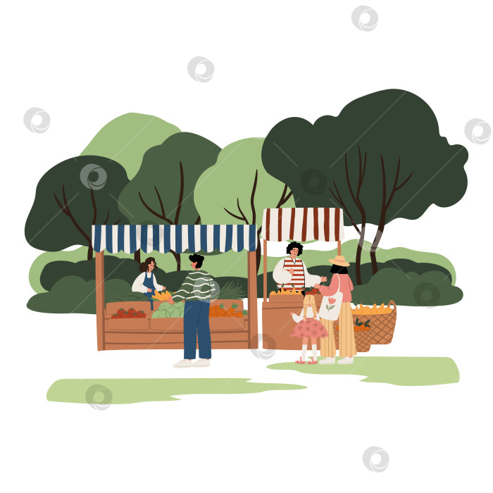Скачать мужчина и женщина покупают овощи на фермерском рынке в парке, рядом с продавцом-женщиной в фартуке и продавцом-мужчиной с вьющимися волосами. Деревья на заднем плане, солнечный летний день. Плоская векторная иллюстрация. фотосток Ozero