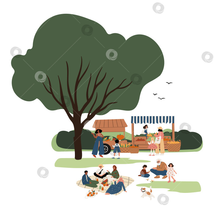 Скачать Многокультурный городской фермерский рынок с разнообразными людьми: чернокожая женщина с ребенком, дедушка, наблюдающий за птицами с внуками, группа друзей на пикнике, собака на траве. Плоская векторная иллюстрация. фотосток Ozero