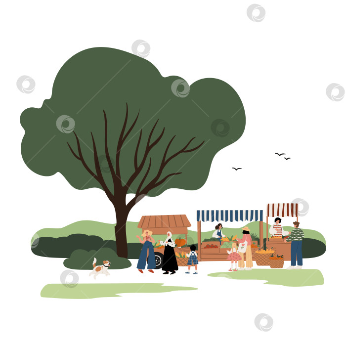 Скачать Иллюстрация мультикультурной группы на фермерском рынке: афроамериканка, мусульманка в хиджабе, белые взрослые и дети, совершающие покупки, выгуливающие собак в городском парке. Плоская векторная иллюстрация. фотосток Ozero