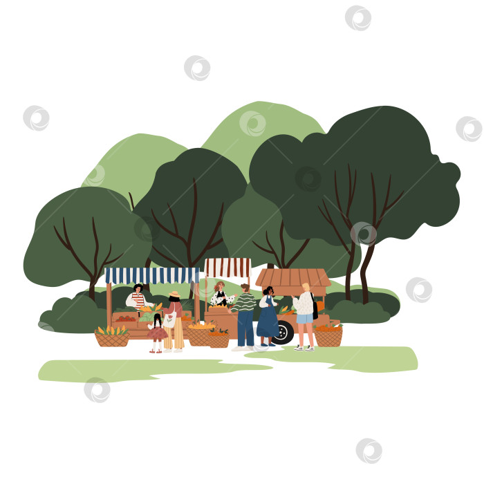 Скачать Иллюстрация разных людей — взрослых, детей, чернокожих и белых — делающих покупки на фермерском рынке вместе с продавцами возле киосков под деревьями в парке Санни-Сити. Плоская векторная иллюстрация. фотосток Ozero