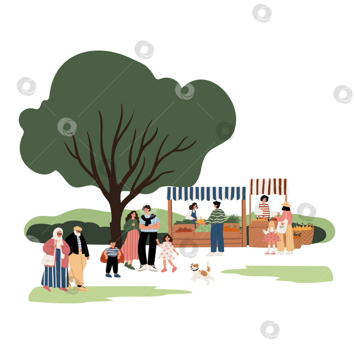 Скачать мультикультурная группа на фермерском рынке в городском парке: афроамериканцы, пожилая мусульманская пара, кавказская пара с детьми покупают и продают овощи в солнечный день. Плоская векторная иллюстрация. фотосток Ozero