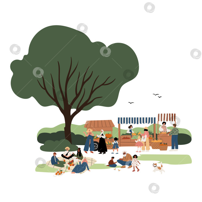 Скачать Иллюстрация разнообразной группы на фермерском рынке в парке: афроамериканка, мусульманка, белые взрослые, дети покупают овощи, сидят, гуляют, собаки играют. Плоская векторная иллюстрация. фотосток Ozero