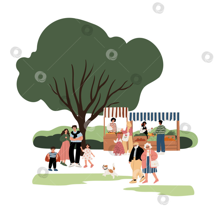 Скачать Иллюстрация мультикультурных семей с детьми и собаками, гуляющих возле прилавков фермерского рынка в городском летнем парке с деревьями и свежими продуктами. Плоская векторная иллюстрация. фотосток Ozero