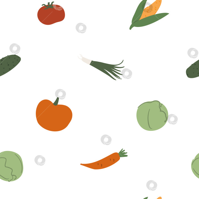 Скачать бесшовный растительный узор с помидорами, морковью, кукурузой, огурцом и зеленым луком на белом фоне в плоском стиле для текстильной упаковки и дизайна. Плоская векторная иллюстрация. фотосток Ozero