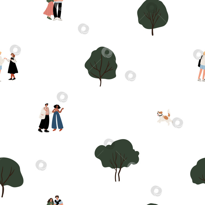Скачать бесшовный узор с мультикультурными людьми: молодые черные и белые мужчины и женщины, гуляющие в парке среди деревьев и собак. Культурное и этническое разнообразие. Плоская векторная иллюстрация. фотосток Ozero