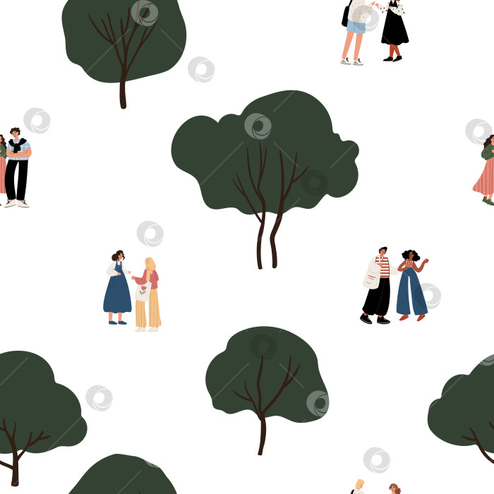 Скачать бесшовный узор с мультикультурными людьми в парке — разные пары, девочки-подростки, женщины, разговаривающие под деревьями, культурное взаимодействие и коммуникация. Плоская векторная иллюстрация. фотосток Ozero