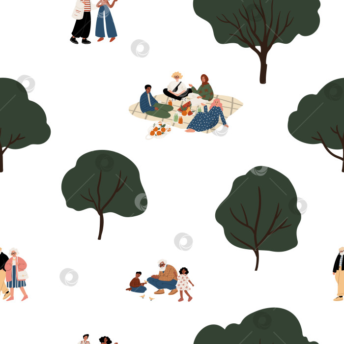Скачать бесшовный узор с мультикультурными людьми в парке — афроамериканские дети, белые пожилые люди, межрасовая группа на пикнике, деревья, птицы, летняя сцена на открытом воздухе. Плоская векторная иллюстрация. фотосток Ozero
