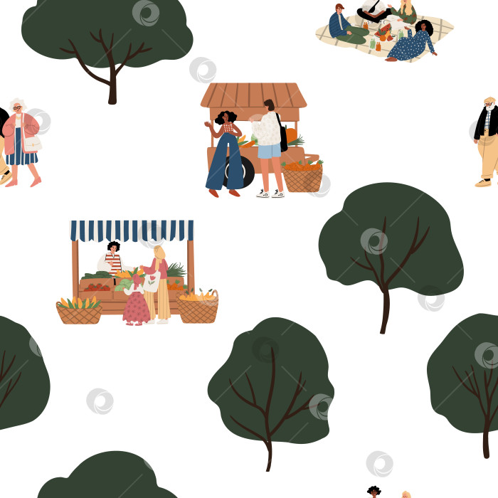 Скачать бесшовный узор с изображением представителей разных культур на фермерском рынке — чернокожие женщины, белые пожилые люди, дети, фруктовые лавки, пикник на траве, летние деревья и местные продукты. Плоская векторная иллюстрация. фотосток Ozero