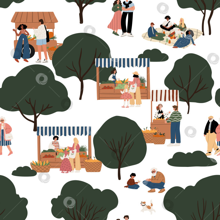 Скачать Иллюстрация бесшовного рисунка с разными людьми на фермерском рынке в парке — взрослые, дети, пожилые люди, семейные пары, пикник, прилавки с продуктами, собака, деревья, летняя природа. Плоская векторная иллюстрация. фотосток Ozero
