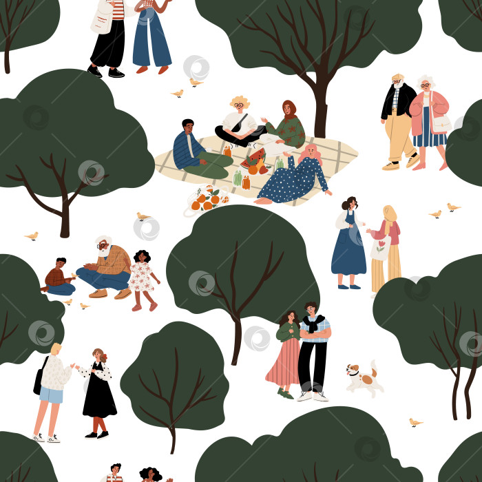 Скачать бесшовный рисунок с разными людьми в парке — пожилыми людьми, парами, детьми, группами для пикника, собаками, деревьями, птицами, летняя сцена на открытом воздухе с мультикультурным взаимодействием. Плоская векторная иллюстрация. фотосток Ozero
