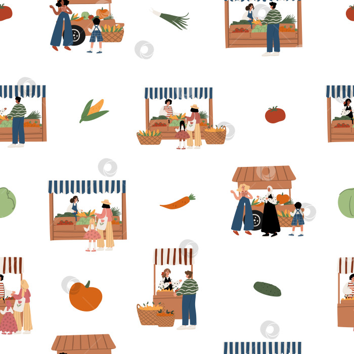 Скачать бесшовный рисунок с мультикультурными людьми на фермерском рынке — взрослые, дети, прилавки, овощи, мусульманка, чернокожая семья, местные продукты, белый фон. Плоская векторная иллюстрация. фотосток Ozero