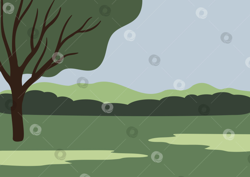 Скачать Иллюстрация, изображающая одинокое дерево на зеленом поле с отдаленными кустами, холмами и чистым голубым небом на заднем плане. Мирный летний пейзаж в сельской местности. Плоская векторная иллюстрация. фотосток Ozero
