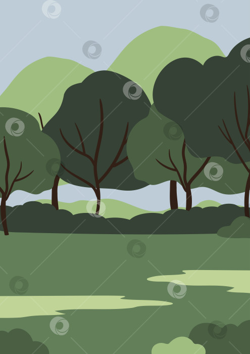 Скачать Иллюстрация стилизованного пейзажа с покрытыми листвой деревьями, зелеными холмами вдали и травянистым полем на переднем плане. Голубое небо над головой. Минималистичный плоский векторный стиль, идеально подходящий для пейзажей природы или городских фоновых сцен. фотосток Ozero