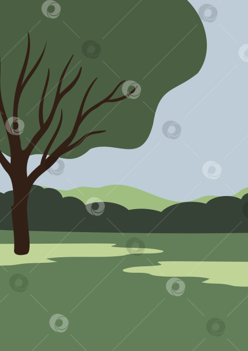 Скачать Иллюстрация, изображающая одинокое дерево на зеленом поле с отдаленными кустами, холмами и чистым голубым небом на заднем плане. Мирный летний пейзаж в сельской местности. Плоская векторная иллюстрация. фотосток Ozero