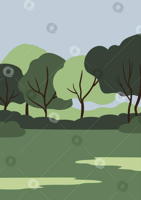 Скачать Иллюстрация зеленого пейзажа с рядом стилизованных деревьев, кустарников, холмов на заднем плане под ясным голубым небом. Широкое травянистое пространство на переднем плане. Природа в плоском векторном стиле, городской парк на заднем плане. фотосток Ozero