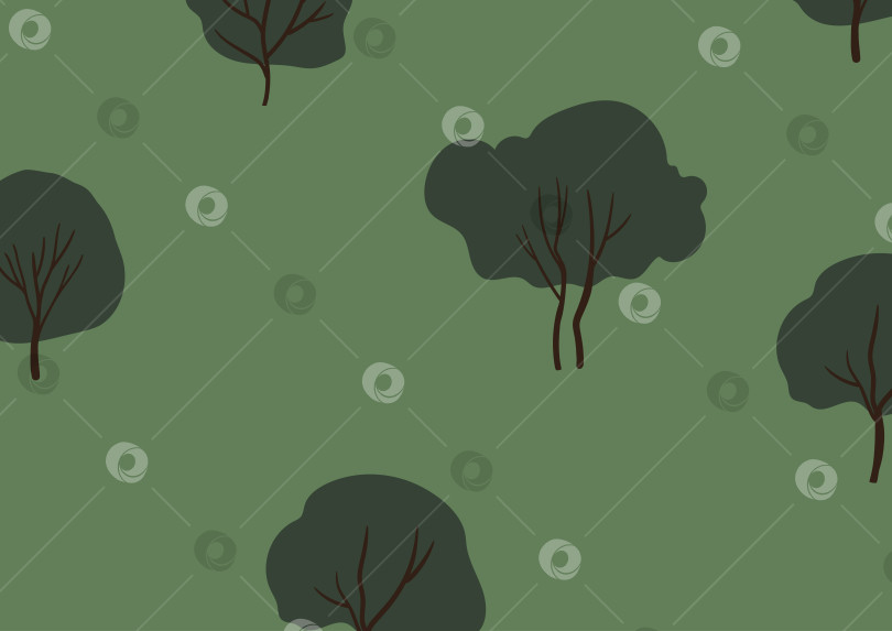 Скачать Иллюстрация фона с темно-зелеными деревьями на приглушенно-зеленом поле, абстрактный лес со стилизованными кронами и стволами, без людей и животных. Плоская векторная иллюстрация. фотосток Ozero