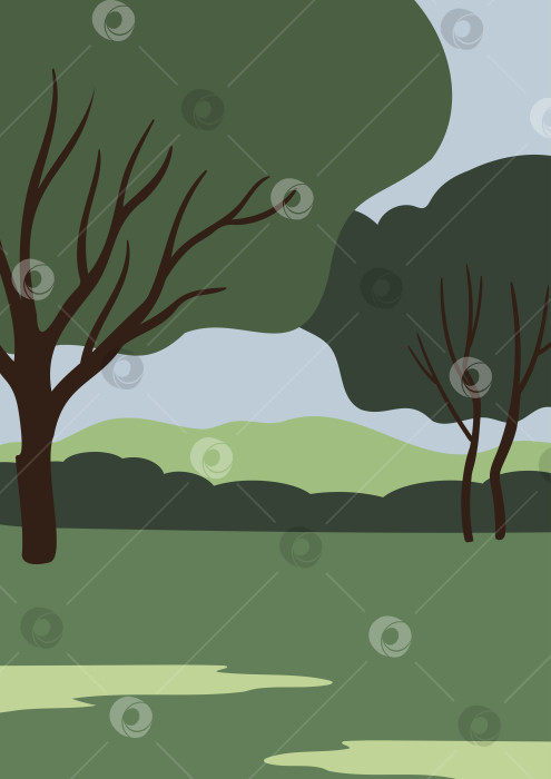 Скачать Иллюстрация деревьев на зеленом поле с отдаленными кустами, холмами и чистым голубым небом на заднем плане. Мирный летний пейзаж в сельской местности. Плоская векторная иллюстрация. фотосток Ozero