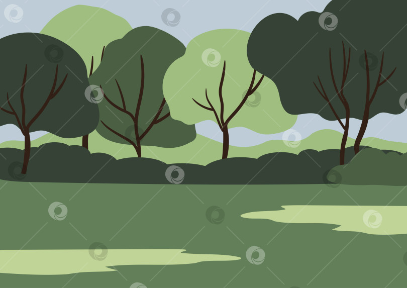 Скачать Иллюстрация стилизованного пейзажа с покрытыми листвой деревьями, зелеными холмами вдалеке и травянистым полем на переднем плане. Голубое небо над головой. Минималистичный плоский векторный стиль, идеально подходящий для пейзажей природы или городских фоновых сцен. фотосток Ozero
