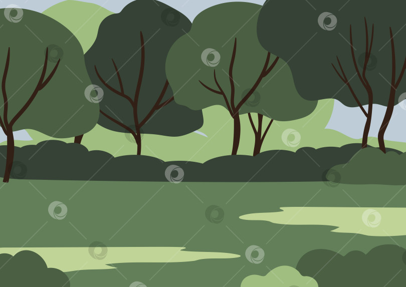 Скачать Иллюстрация зеленого пейзажа с рядом стилизованных деревьев, кустарников, холмов на заднем плане под ясным голубым небом. Широкое травянистое пространство на переднем плане. Природа в плоском векторном стиле, фон городского парка. фотосток Ozero