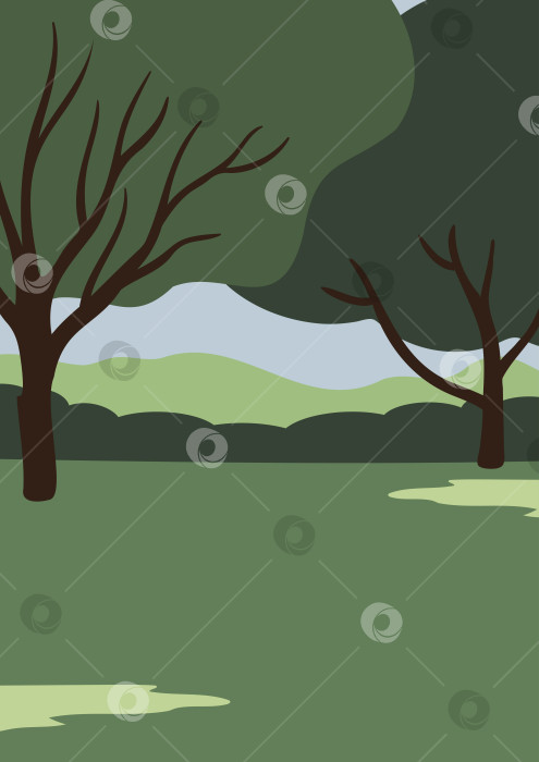 Скачать Иллюстрация деревьев на зеленом поле с отдаленными кустами, холмами и чистым голубым небом на заднем плане. Мирный летний пейзаж в сельской местности. Плоская векторная иллюстрация. фотосток Ozero