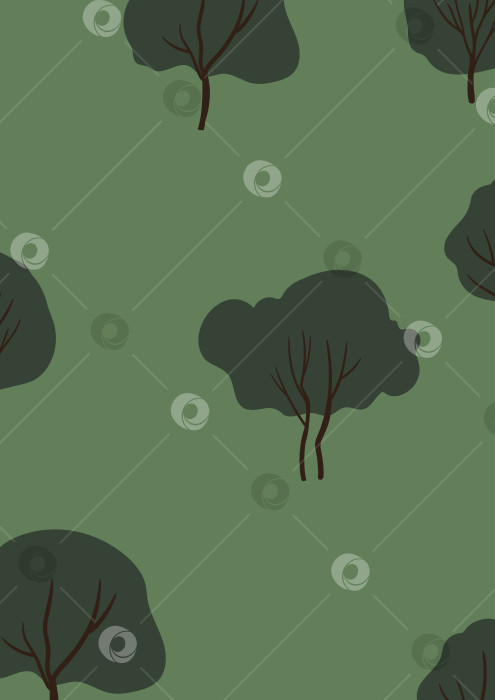 Скачать Иллюстрация фона с темно-зелеными деревьями на приглушенно-зеленом поле, абстрактный лес со стилизованными кронами и стволами, без людей и животных. Плоская векторная иллюстрация. фотосток Ozero