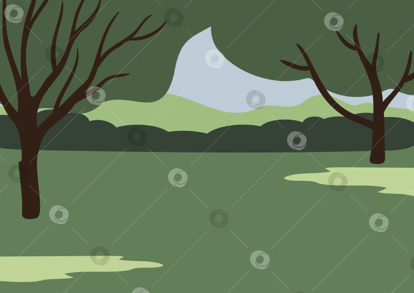 Скачать Иллюстрация стилизованного пейзажа с покрытыми листвой деревьями, зелеными холмами вдали и травянистым полем на переднем плане. Голубое небо над головой. Минималистичный плоский векторный стиль, идеально подходящий для пейзажей природы или городских фоновых сцен. фотосток Ozero