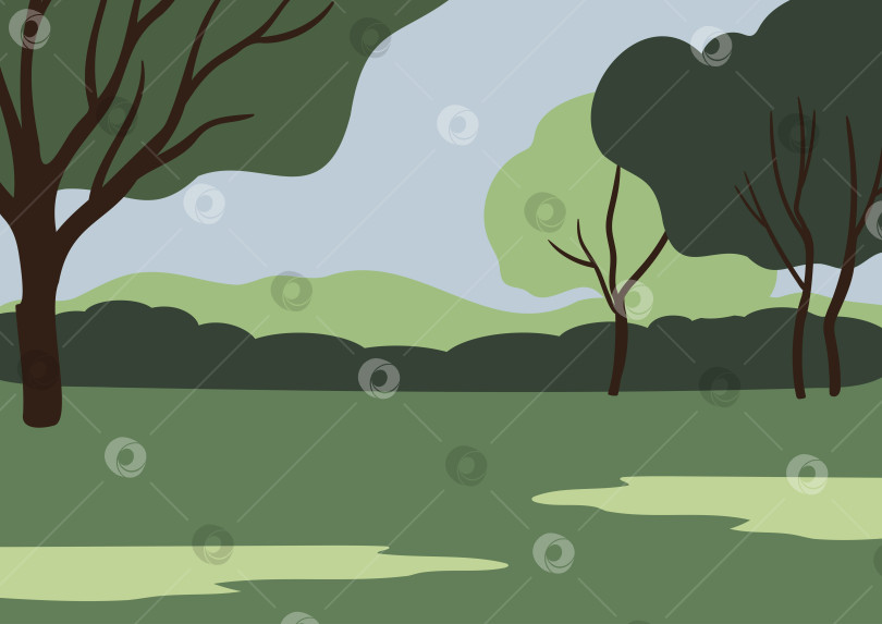 Скачать Иллюстрация зеленого пейзажа с рядом стилизованных деревьев, кустарников, холмов на заднем плане под ясным голубым небом. Широкое травянистое пространство на переднем плане. Природа в плоском векторном стиле, городской парк на заднем плане. фотосток Ozero
