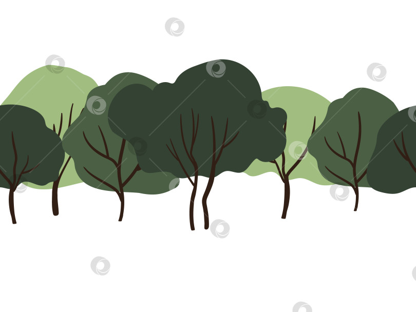 Скачать Бесшовная граница с рядом деревьев с зеленой листвой и коричневыми стволами в плоском стиле, бесшовная естественная лесная граница на белом фоне. Плоская векторная иллюстрация. фотосток Ozero