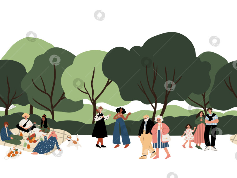 Скачать Бесшовная граница с мультикультурными людьми, устраивающими пикник в парке: семья, пожилые люди, ребенок, пара, собака, еда на одеяле. Деревья и холмы на заднем плане.  Плоская векторная иллюстрация. фотосток Ozero