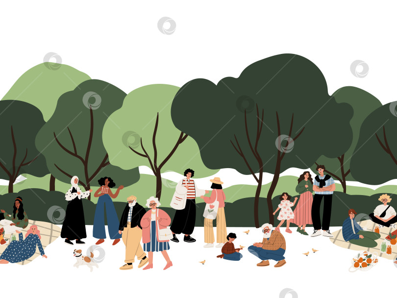 Скачать Бесшовная граница с разными людьми в парке: отдыхающими, устраивающими пикники, гуляющими семьями, пожилыми людьми, детьми, молодежью, собаками, черными, мусульманами, белыми. Деревья и холмы на заднем плане. Плоская векторная иллюстрация. фотосток Ozero