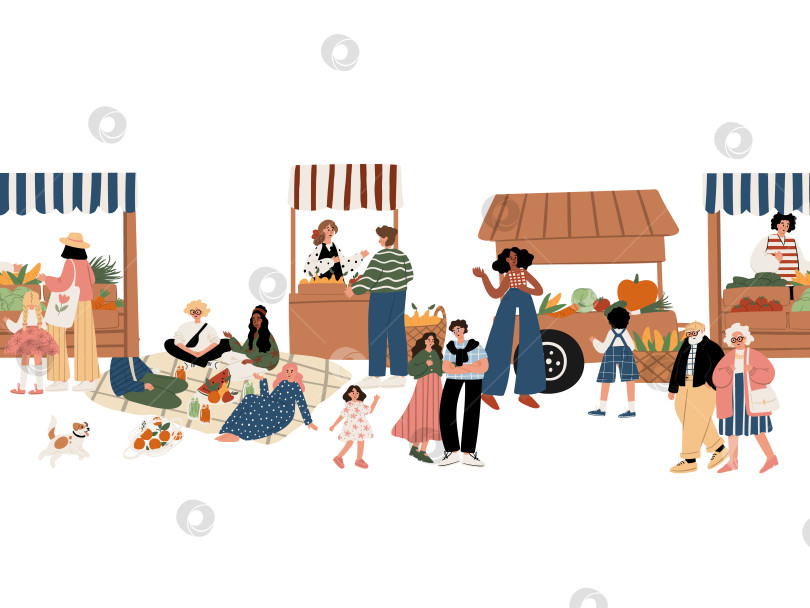 Скачать Плавная граница со сценой на фермерском рынке в парке. Люди разных возрастов и национальностей ходят по магазинам, отдыхают, общаются, играют. На заднем плане - прилавки с овощами и фруктами. Плоская векторная иллюстрация. фотосток Ozero