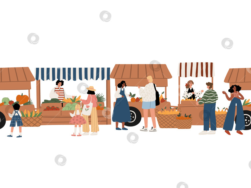 Скачать Бесшовная граница с многокультурными людьми, включая мужчин, женщин, детей, которые совершают покупки и общаются на фермерском рынке с фруктами и овощами. Общественная сцена на открытом воздухе. Плоская векторная иллюстрация фотосток Ozero