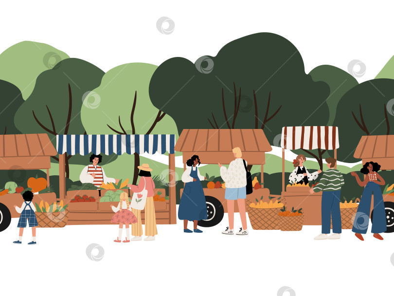 Скачать Бесшовная граница с фермерским рынком под открытым небом: прилавки с фруктами и овощами, покупатели, дети, взрослые, деревья и холмы на заднем плане. Плоская векторная иллюстрация. фотосток Ozero