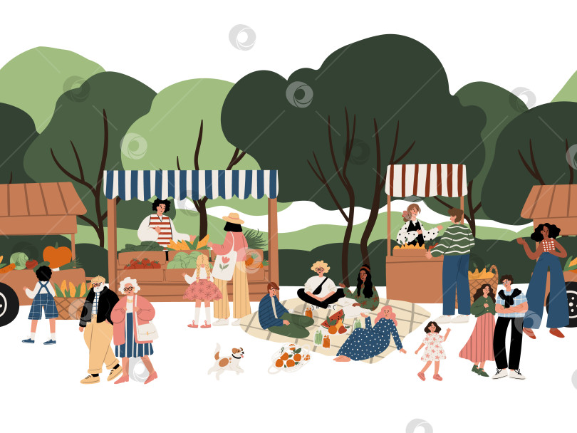 Скачать бесшовная граница с мультикультурными людьми на фермерском рынке в парке: овощные лавки, пикник, дети, пожилые люди, афроамериканцы, мусульманки, романтическая пара. Плоская векторная иллюстрация. фотосток Ozero