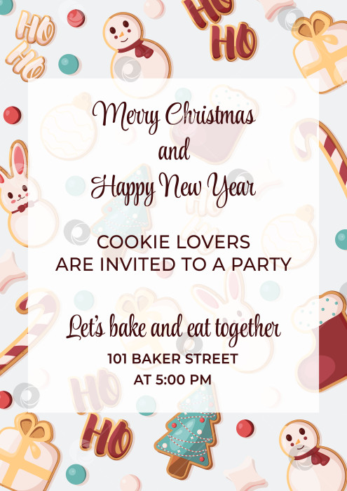 Скачать Приглашение на рождественскую вечеринку. Приглашение на вечеринку в стиле печенья. Печенье с глазурью. фотосток Ozero