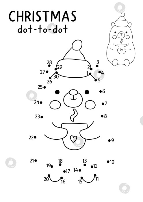 Скачать Рождественская векторная игра от точки к точке и раскрашивание с милым медведем, пьющим горячее какао. Черно-белая новогодняя игра "Соедини точки" для детей с символом праздника. Рабочий лист для печати "Зимняя линия" фотосток Ozero
