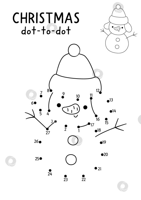 Скачать Рождественская векторная игра от точки к точке и раскрашивание с милым снеговиком в теплой шапке. Черно-белая новогодняя игра "Соедини точки" для детей с символом праздника. Рабочий лист для печати "Зимняя линия" фотосток Ozero