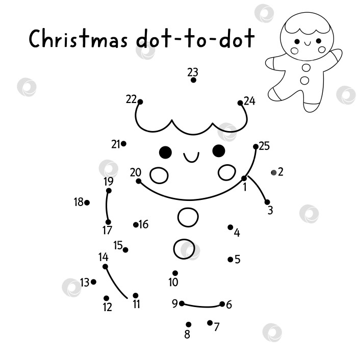 Скачать Рождественская векторная игра "точка в точку" и "раскраска" с милым пряничным человечком. Черно-белая новогодняя игра "соедини точки" для детей с символом праздника. Рабочий лист для печати "Зимняя линия" фотосток Ozero