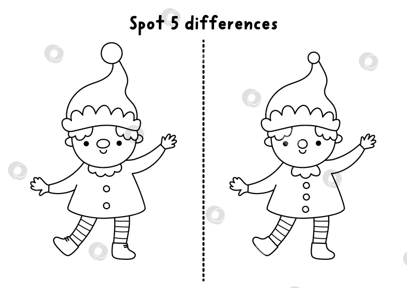 Скачать Рождественская онлайн-игра "найди отличия" для детей. Черно-белое развивающее занятие "Зимние каникулы" с эльфом. Лист для печати, раскраска, пазл для детей с забавным новогодним гномом фотосток Ozero