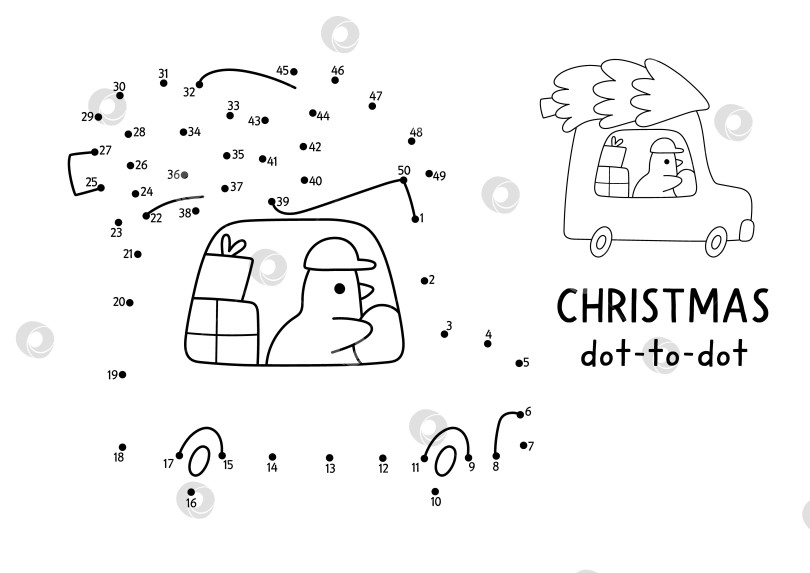 Скачать Рождественская векторная игра от точки к точке и раскрашивание с милой птичкой на машине с елкой. Черно-белая новогодняя игра "соедини точки" для детей с символом праздника. Рабочий лист для печати Winter line фотосток Ozero