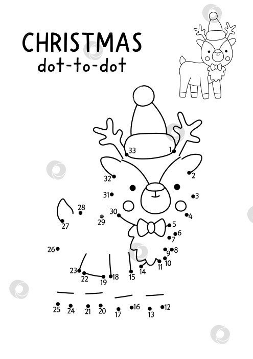 Скачать Рождественская векторная игра от точки к точке и раскрашивание с милым оленем. Черно-белая новогодняя игра "Соедини точки" для детей с символом праздника. Рабочий лист для печати "Зимняя линия" фотосток Ozero