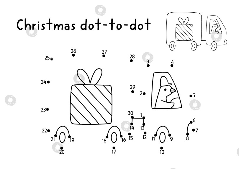 Скачать Рождественская векторная игра от точки к точке и раскрашивание с милым гусем на грузовике с подарками. Черно-белая новогодняя игра "Соедини точки" для детей с символом праздника. Рабочий лист для печати "Зимняя линия" фотосток Ozero