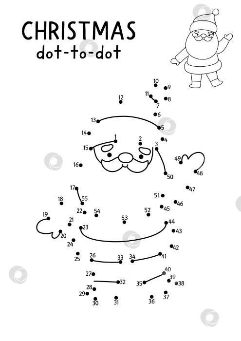 Скачать Рождественская векторная игра от точки к точке и раскрашивание с симпатичным Санта-Клаусом. Черно-белая новогодняя игра "Соедини точки" для детей с символом праздника. Рабочий лист для печати "Зимняя линия" фотосток Ozero