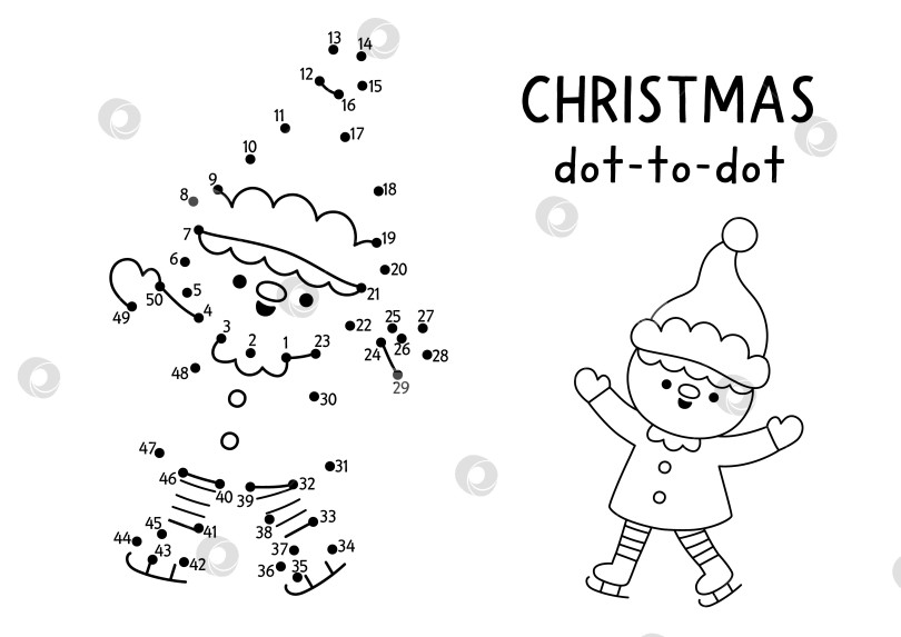 Скачать Рождественская векторная игра от точки к точке и раскрашивание с милым эльфом на коньках. Черно-белая новогодняя игра "Соедини точки" для детей с символом праздника. Рабочий лист для печати "Зимняя линия" фотосток Ozero