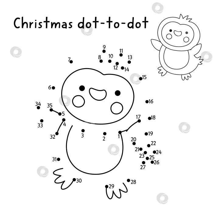Скачать Рождественская векторная игра от точки к точке и раскрашивание с милым пингвином. Черно-белая новогодняя игра "соедини точки" для детей с символом праздника. Рабочий лист для печати "Зимняя линия" фотосток Ozero