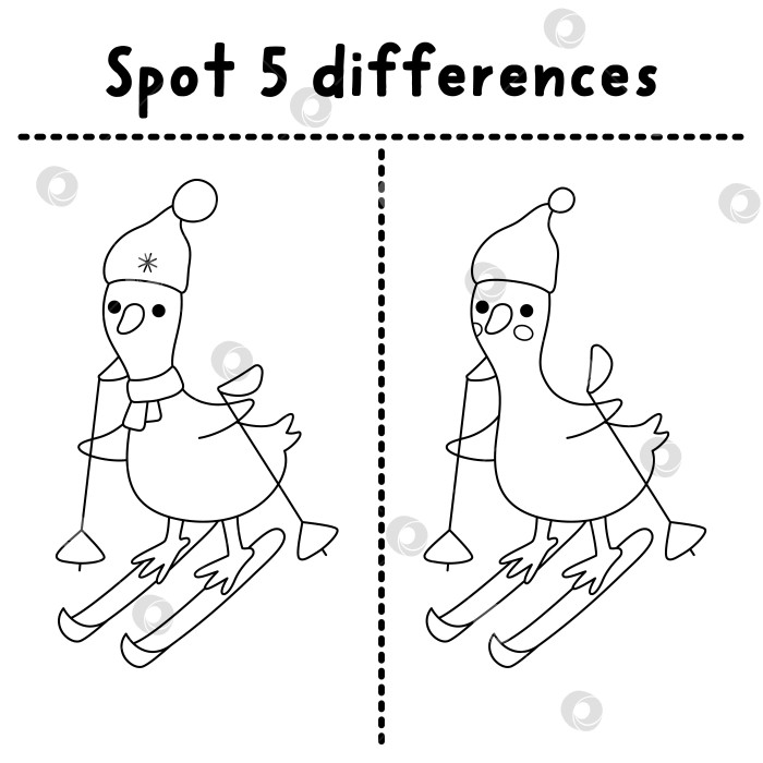 Скачать Рождественская игра "найди отличия". Черно-белое развлечение на зимних каникулах с гусем-лыжником. Рабочий лист для печати, раскраска-головоломка для детей с забавным новогодним персонажем. фотосток Ozero