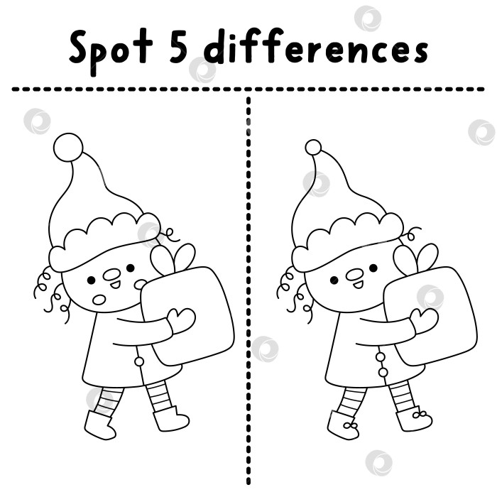 Скачать Рождественская игра "найди отличия". Новогоднее черно-белое развлечение с эльфом в руках. Лист для печати, головоломка, раскраска для детей с забавным новогодним персонажем. фотосток Ozero