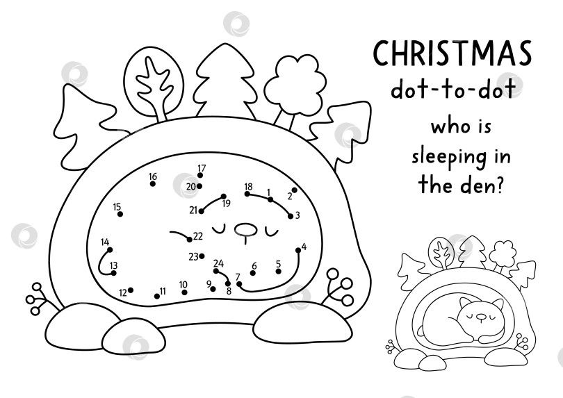 Скачать Рождественская векторная игра от точки к точке и раскраска с милым медвежонком, спящим в своей берлоге. Черно-белая новогодняя игра "Соедини точки" для детей с символом праздника. Рабочий лист для печати "Зимняя линия" фотосток Ozero