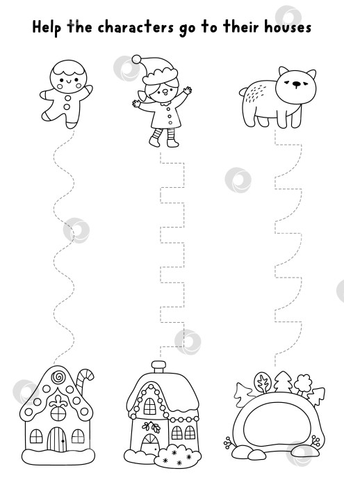 Скачать Векторный рождественский лист для отработки рукописного ввода с изображением пряничного человечка, эльфа, медведя, домиков. Черно-белое занятие для детей, у которых есть дома. Игра-раскраска для зимних каникул. фотосток Ozero