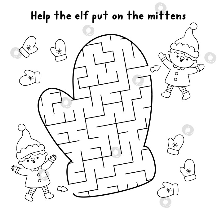 Скачать Рождественский геометрический черно-белый лабиринт для детей. Новогоднее занятие для дошкольников в форме варежки. Игра-лабиринт, головоломка, раскраска для зимних праздников с эльфом, надевающим теплую перчатку. фотосток Ozero